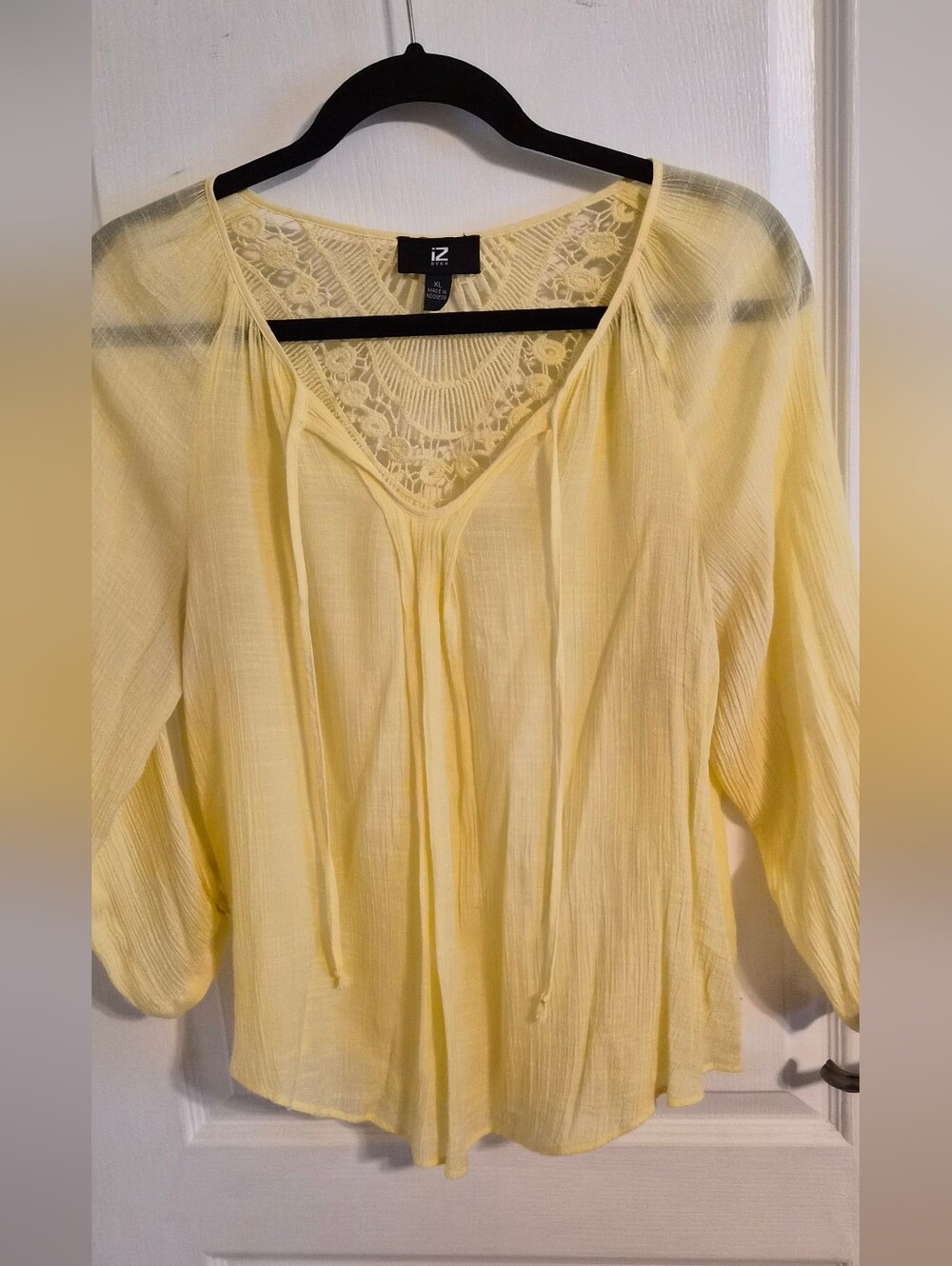 Iz Byer Light Yellow Lace-Back Peasant Tunic Top